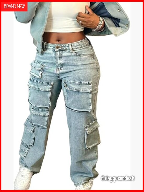 Denim - Baggy Cargo Jean High Waisted Y2K Distressed Wide Leg Denim Pants Multi Pockets